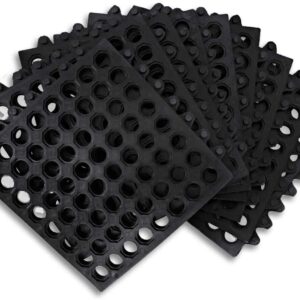 Rubber Floor Mats Anti Fatigue Kitchen Mats 9 Pack 11.8" x 11.8" Modular Rubber Interlocking Floor Tiles, Drain Pool Balcony Patio Yard Pet Area Use Restaurant Bar Floor Mat Black