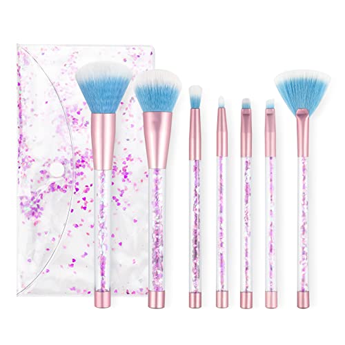 Makeup Brushes, 7PCS Glitter Quicksand Handle Makeup Brush Set for Foundation Powder Blush Eyeshadow with Case Beautiful Pink Purple Cosmetic Brushes