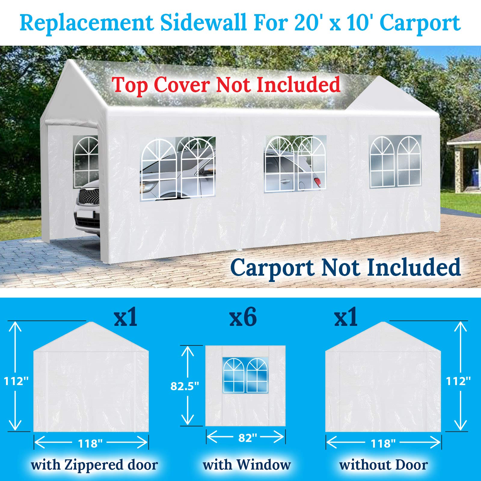 BenefitUSA Carport Side Wall for 10x20 Tent Garage, Replacement Canopy Sidewall White (Side Wall ONLY, Frame NOT Included)