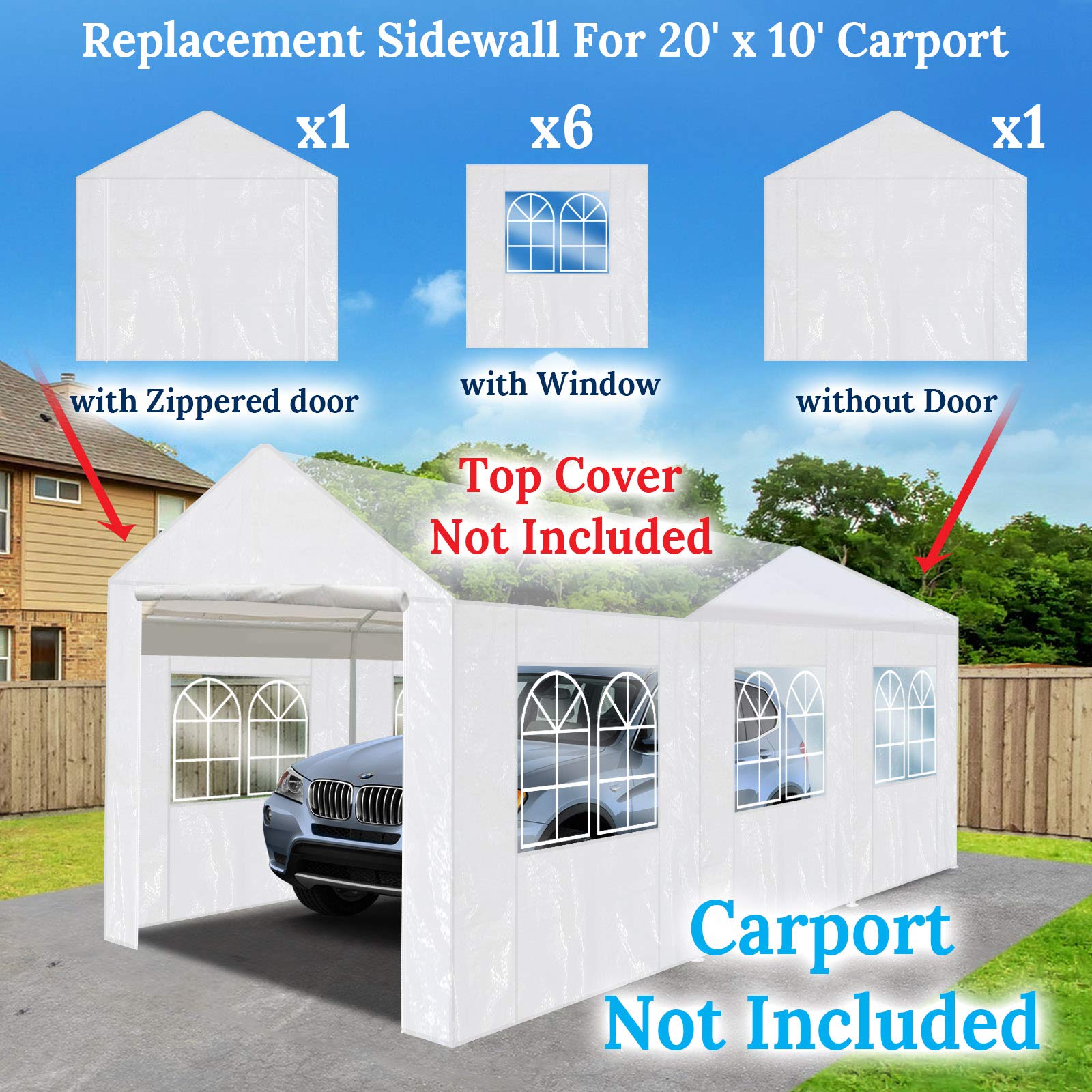 BenefitUSA Carport Side Wall for 10x20 Tent Garage, Replacement Canopy Sidewall White (Side Wall ONLY, Frame NOT Included)