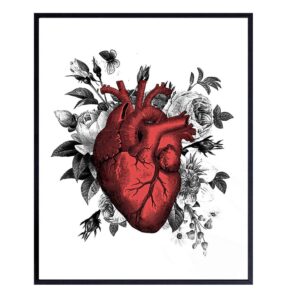 vintage floral heart wall art, room decoration - retro poster print for home, apartment, bedroom, bathroom, nurses or doctors office decorations - great decor or gift for steampunk or goth fans