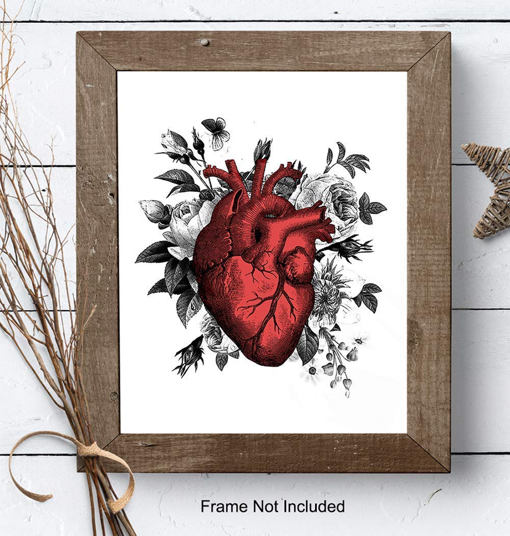 Vintage Floral Heart Wall Art, Room Decoration - Retro Poster Print for Home, Apartment, Bedroom, Bathroom, Nurses or Doctors Office Decorations - Great Decor or Gift for Steampunk or Goth Fans