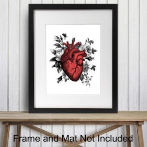 Vintage Floral Heart Wall Art, Room Decoration - Retro Poster Print for Home, Apartment, Bedroom, Bathroom, Nurses or Doctors Office Decorations - Great Decor or Gift for Steampunk or Goth Fans