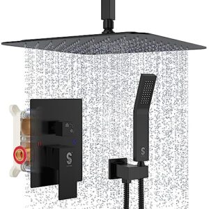 sr sun rise 16 inches matte black shower set system bathroom luxury rain mixer shower combo set ceiling mounted rainfall shower head faucet (contain shower faucet rough-in valve body and trim)