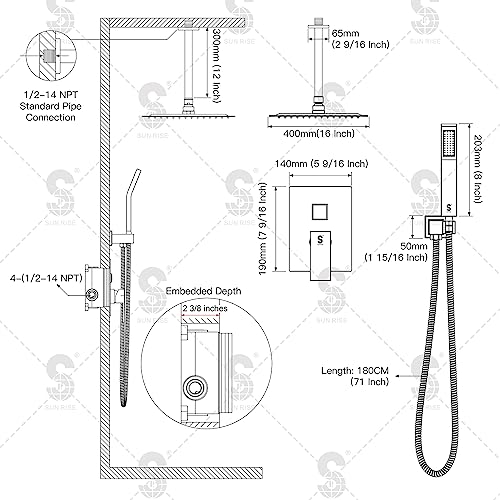 SR SUN RISE 16 Inches Matte Black Shower Set System Bathroom Luxury Rain Mixer Shower Combo Set Ceiling Mounted Rainfall Shower Head Faucet (Contain Shower Faucet Rough-In Valve Body and Trim)