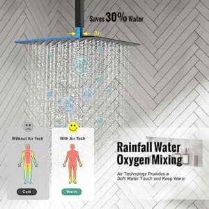 SR SUN RISE 16 Inches Matte Black Shower Set System Bathroom Luxury Rain Mixer Shower Combo Set Ceiling Mounted Rainfall Shower Head Faucet (Contain Shower Faucet Rough-In Valve Body and Trim)