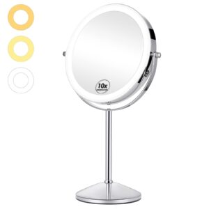 kedsum rechargeable 1x/10x lighted magnifying makeup mirror, 8" double sided lighted makeup mirror 3 color dimmable lighting, magnifying mirror with light, touch screen cordless cosmetic vanity mirror