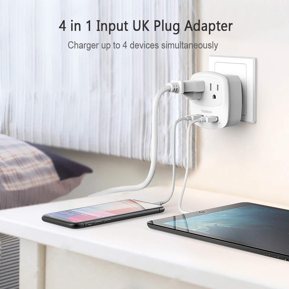 UK Ireland Travel Plug Adapter, TESSAN Type G Power Adaptor with 2 USB Charger Ports 2 American Outlets, US to Scotland London England British Irish Kenya Dubai Qatar Plug Converter