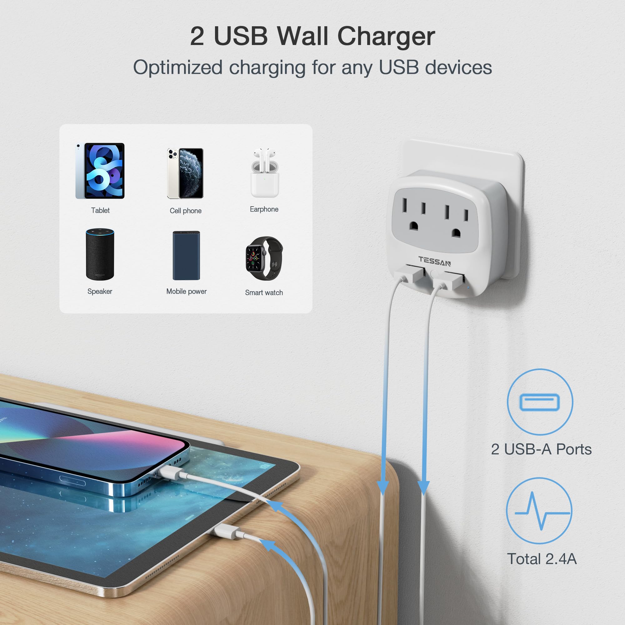 UK Ireland Travel Plug Adapter, TESSAN Type G Power Adaptor with 2 USB Charger Ports 2 American Outlets, US to Scotland London England British Irish Kenya Dubai Qatar Plug Converter