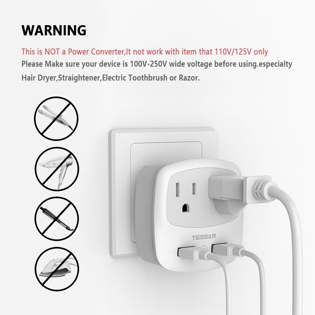 UK Ireland Travel Plug Adapter, TESSAN Type G Power Adaptor with 2 USB Charger Ports 2 American Outlets, US to Scotland London England British Irish Kenya Dubai Qatar Plug Converter