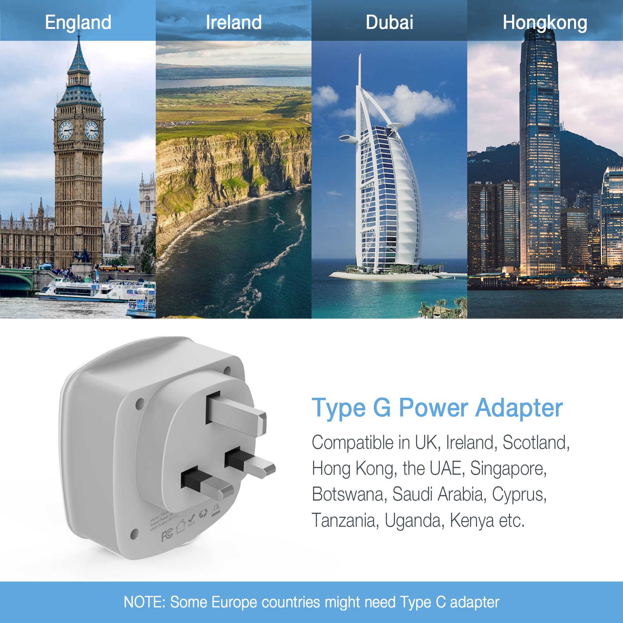 UK Ireland Travel Plug Adapter, TESSAN Type G Power Adaptor with 2 USB Charger Ports 2 American Outlets, US to Scotland London England British Irish Kenya Dubai Qatar Plug Converter