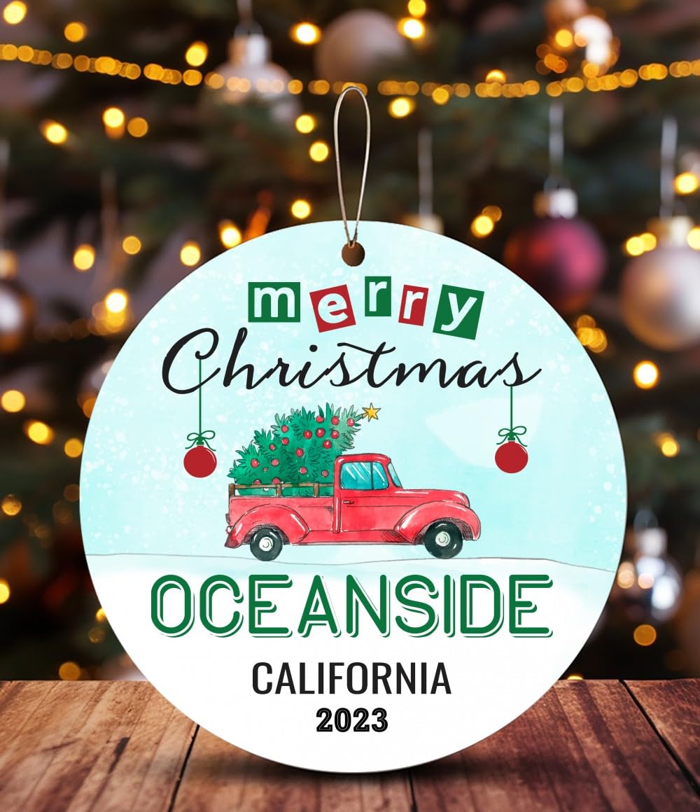 Christmas Ornament Oceanside California Ornaments Tree 2023 Xmas Decorations Red Car Gift Rustic Holiday Party Unique Home Deco Long Distance Gift MDF Plastic 3" White