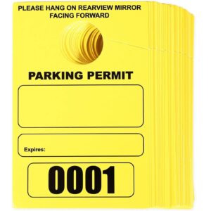 juvale 100 pack temporary parking permit hang tags numbered 0001-0100, hanging passes for car mirrors, bulk (yellow, 3.15 x 4.75 in)
