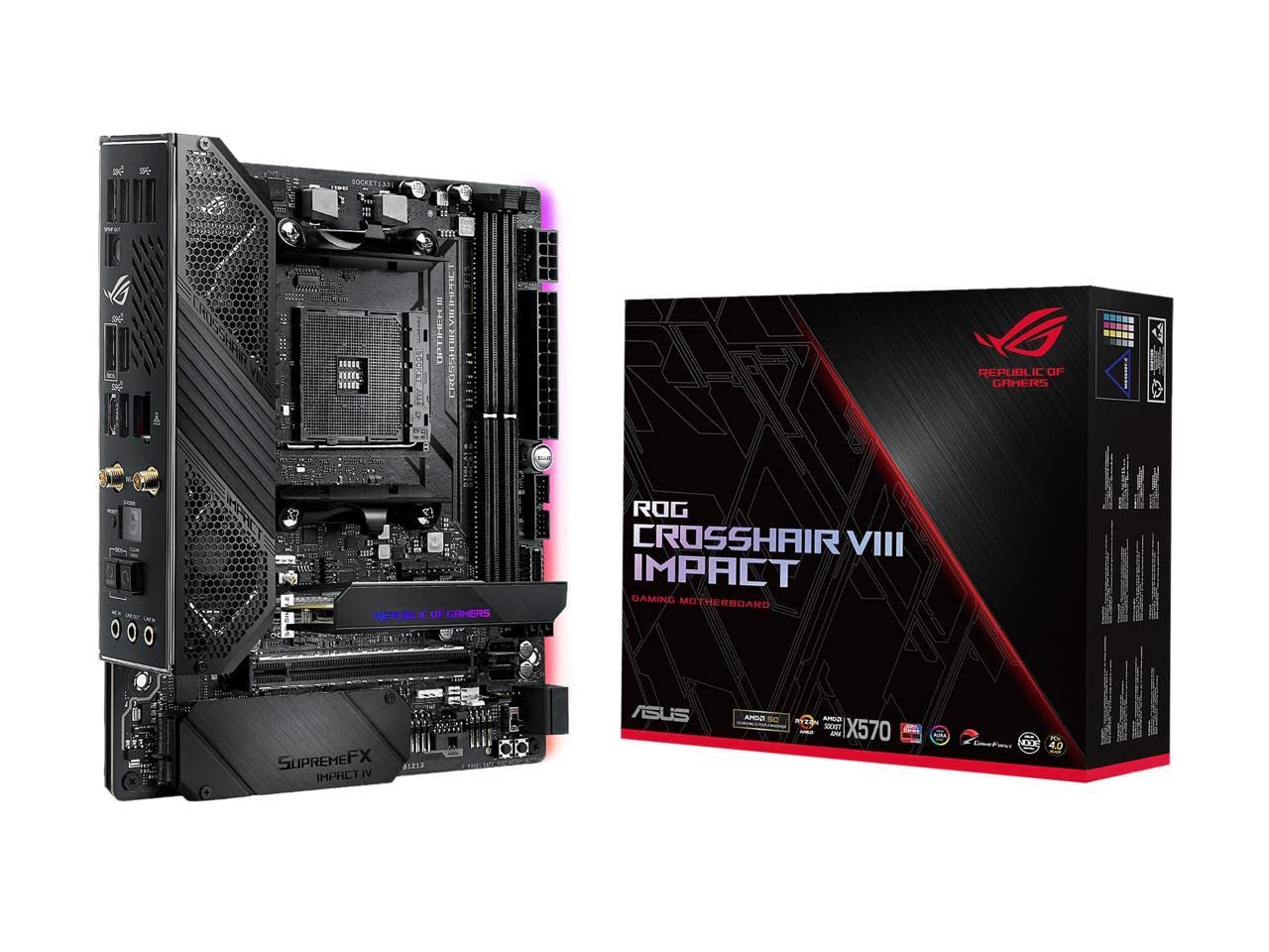 Asus ROG (X570) Crosshair VIII Impact, AMD, AM4, Ryzen 3000, (Mini-DTX) SFF Gaming Motherboard with PCIe 4.0, On-board Wifi 6 (802.11Ax), Intel LAN, SATA 6GB/s, USB 3.2 Gen 2, SO-DIMM.2 and Aura Sync