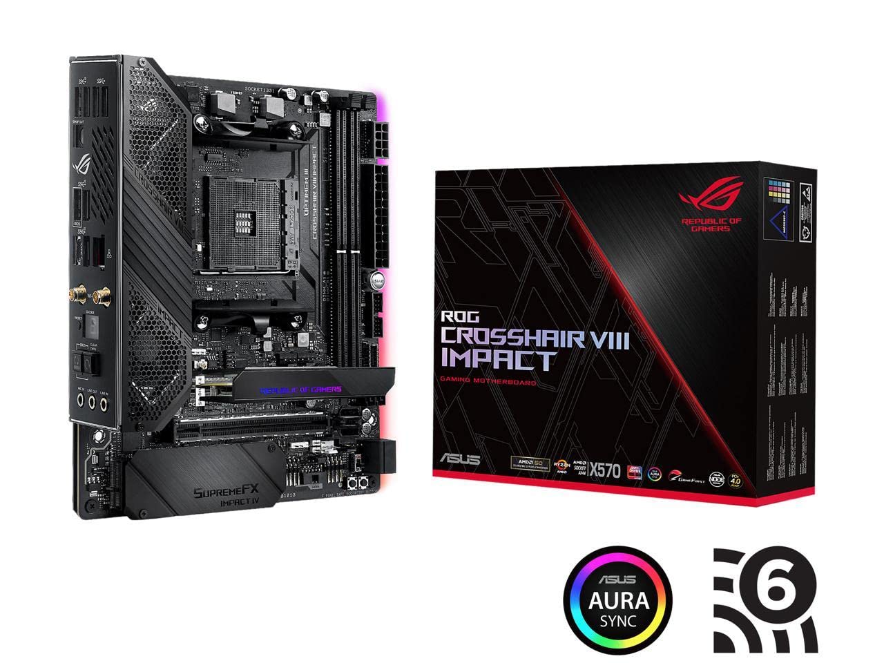 Asus ROG (X570) Crosshair VIII Impact, AMD, AM4, Ryzen 3000, (Mini-DTX) SFF Gaming Motherboard with PCIe 4.0, On-board Wifi 6 (802.11Ax), Intel LAN, SATA 6GB/s, USB 3.2 Gen 2, SO-DIMM.2 and Aura Sync