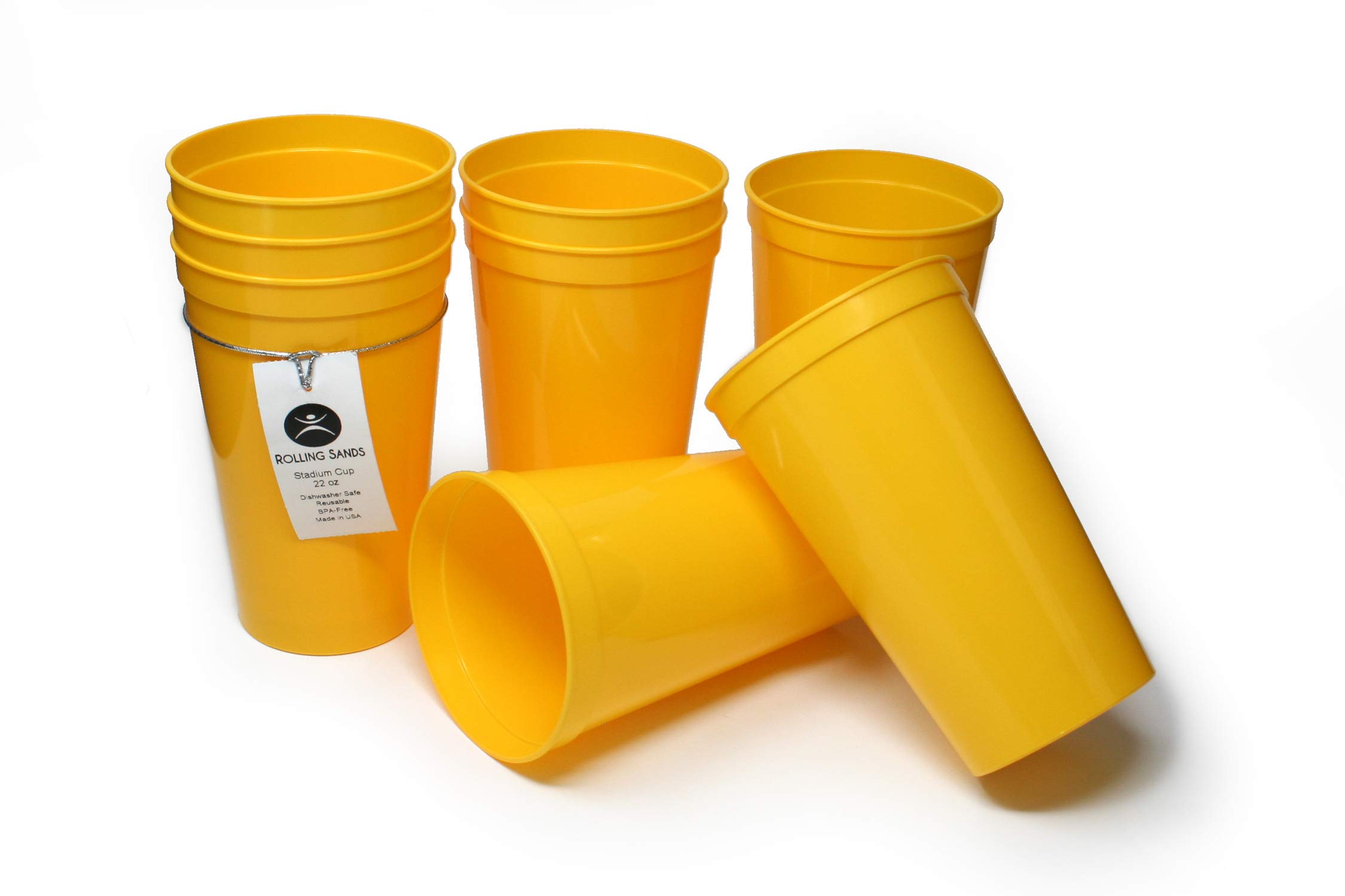 Rolling Sands 22 Ounce Reusable Plastic Stadium Cups Yellow, 8 Pack, Made in USA, BPA-Free Dishwasher Safe Plastic Tumblers