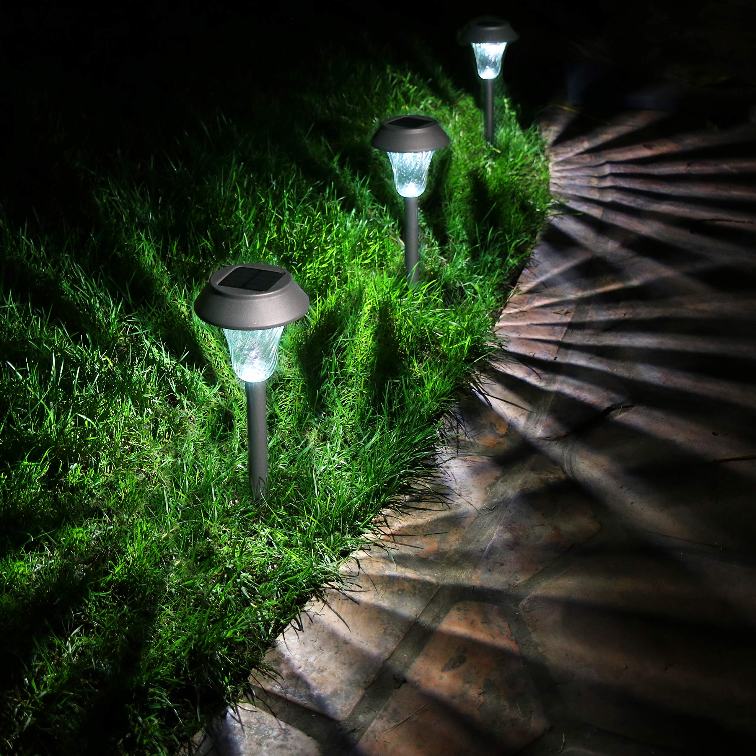 Enchanted Spaces Gray Solar Path Light, Set of 6, with Glass Lens, Metal Ground Stake, and Extra-Bright LED for Garden, Lawn, Patio, Yard, Walkway, Driveway