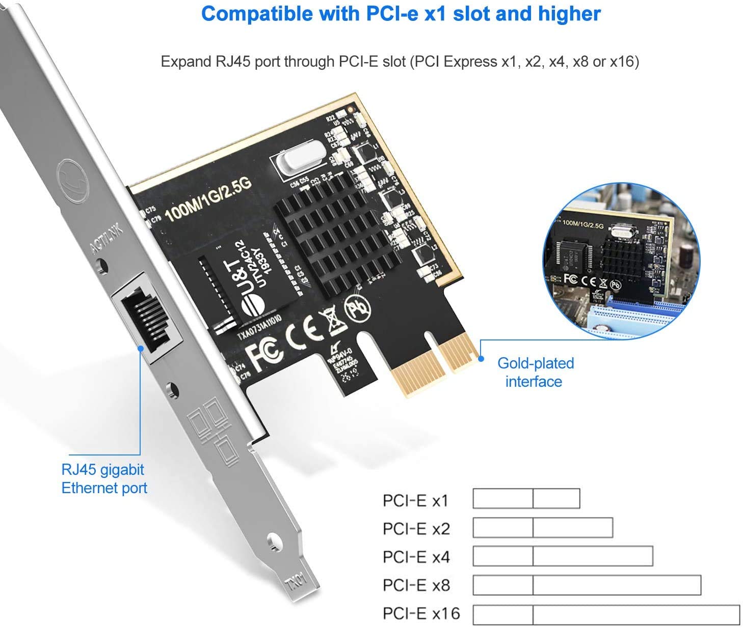 2.5GBase-T PCIe Network Adapter with 1 Port, 2500/1000/100Mbps PCI Express Gigabit Ethernet Card RJ45 LAN Controller Support Windows Server/Windows/Linux, Standard and Low-Profile Brackets Included