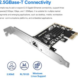 2.5GBase-T PCIe Network Adapter with 1 Port, 2500/1000/100Mbps PCI Express Gigabit Ethernet Card RJ45 LAN Controller Support Windows Server/Windows/Linux, Standard and Low-Profile Brackets Included