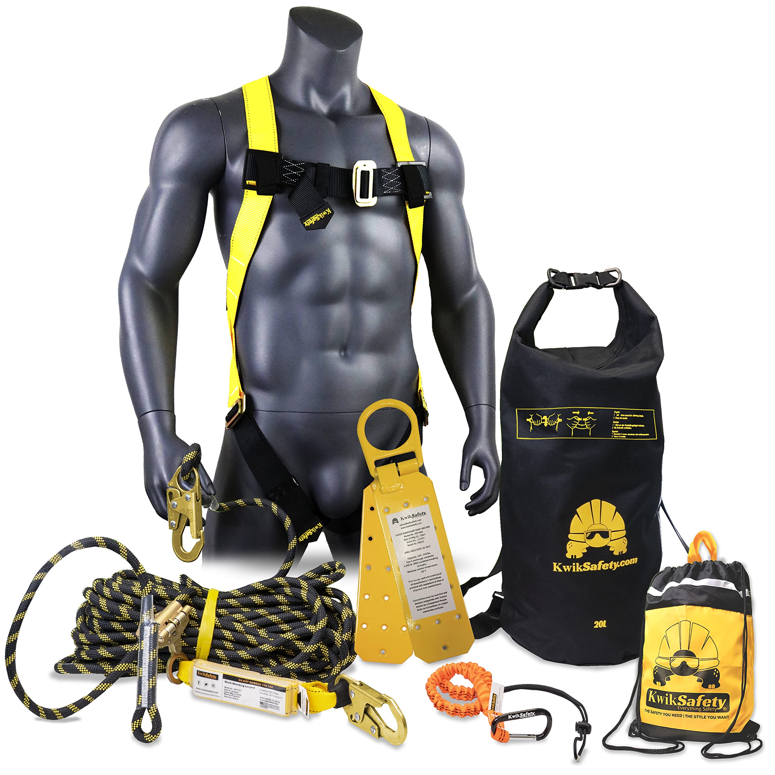 KwikSafety - Charlotte, NC - TSUNAMI KIT [Premium BRAIDED ROPE] Vertical Lifeline, 1D Ring Safety Harness, Lightweight Tool Lanyard, Roof Anchor, 20L Dry Bag ANSI OSHA Fall Arrest System / 100 FT.