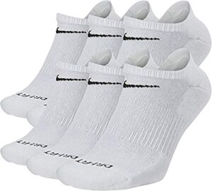 nike dri-fit training everyday plus max cushioned no-show socks 6 pair white black swoosh logo) large 8-12