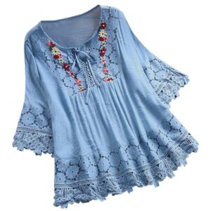 aniywn women round neck lace up lace patchwork flare pullover top casual plus size 3/4 sleeve floral printed t-shirt (xxxl, sky blue)