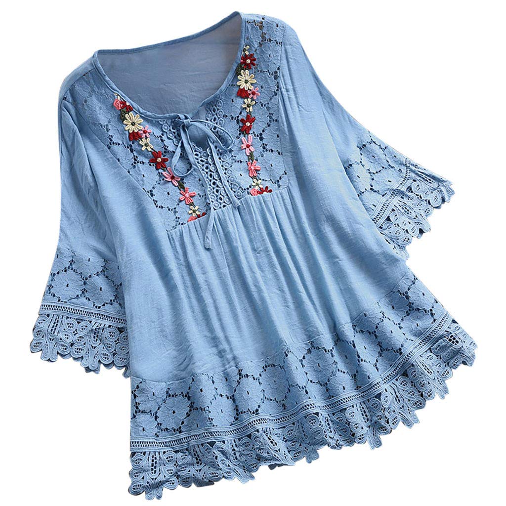 Aniywn Women Round Neck Lace Up Lace Patchwork Flare Pullover Top Casual Plus Size 3/4 Sleeve Floral Printed T-Shirt (XXXL, Sky Blue)