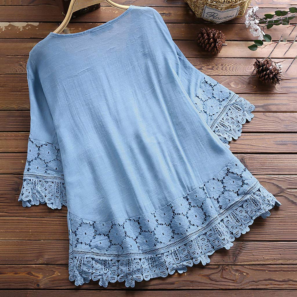 Aniywn Women Round Neck Lace Up Lace Patchwork Flare Pullover Top Casual Plus Size 3/4 Sleeve Floral Printed T-Shirt (XXXL, Sky Blue)