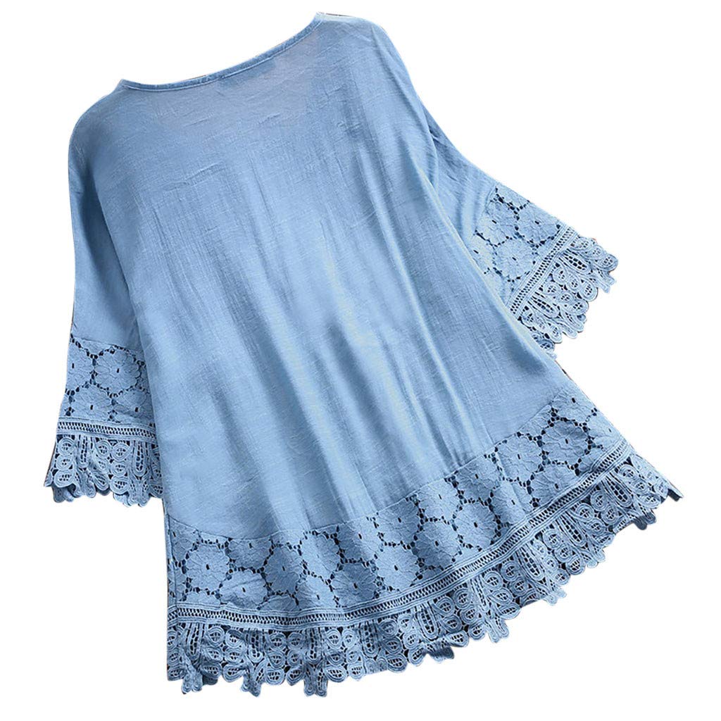 Aniywn Women Round Neck Lace Up Lace Patchwork Flare Pullover Top Casual Plus Size 3/4 Sleeve Floral Printed T-Shirt (XXXL, Sky Blue)