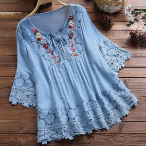 Aniywn Women Round Neck Lace Up Lace Patchwork Flare Pullover Top Casual Plus Size 3/4 Sleeve Floral Printed T-Shirt (XXXL, Sky Blue)