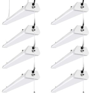 lightdot 8ft led shop light for garage, 5000k daylight light utility light garage led ceiling lights, surface/hanging/suspension mounting, plug and play, pull chain light fixture power cord 8 pack