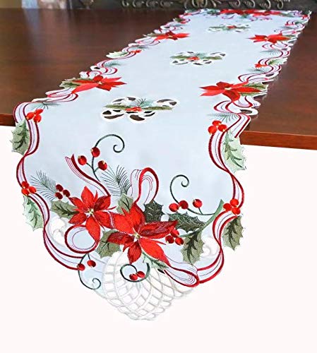 Holiday Christmas Table Runner 13"x54", Cutwork Embroidered Floral Christmas Flower Dresser Sacrf Table Topper for Home Dining Xmas Table Top Decoration