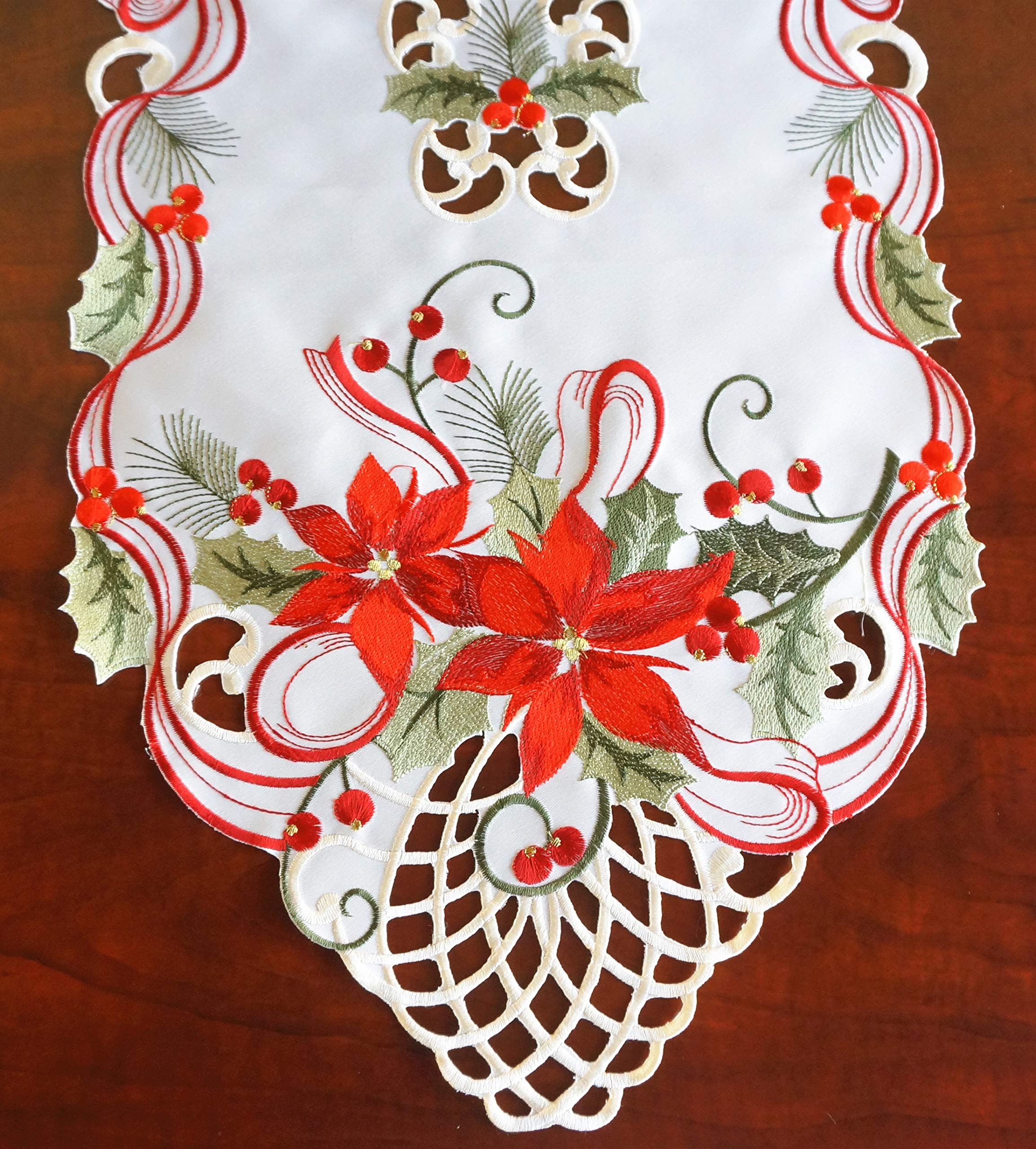 Holiday Christmas Table Runner 13"x54", Cutwork Embroidered Floral Christmas Flower Dresser Sacrf Table Topper for Home Dining Xmas Table Top Decoration