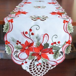 Holiday Christmas Table Runner 13"x54", Cutwork Embroidered Floral Christmas Flower Dresser Sacrf Table Topper for Home Dining Xmas Table Top Decoration