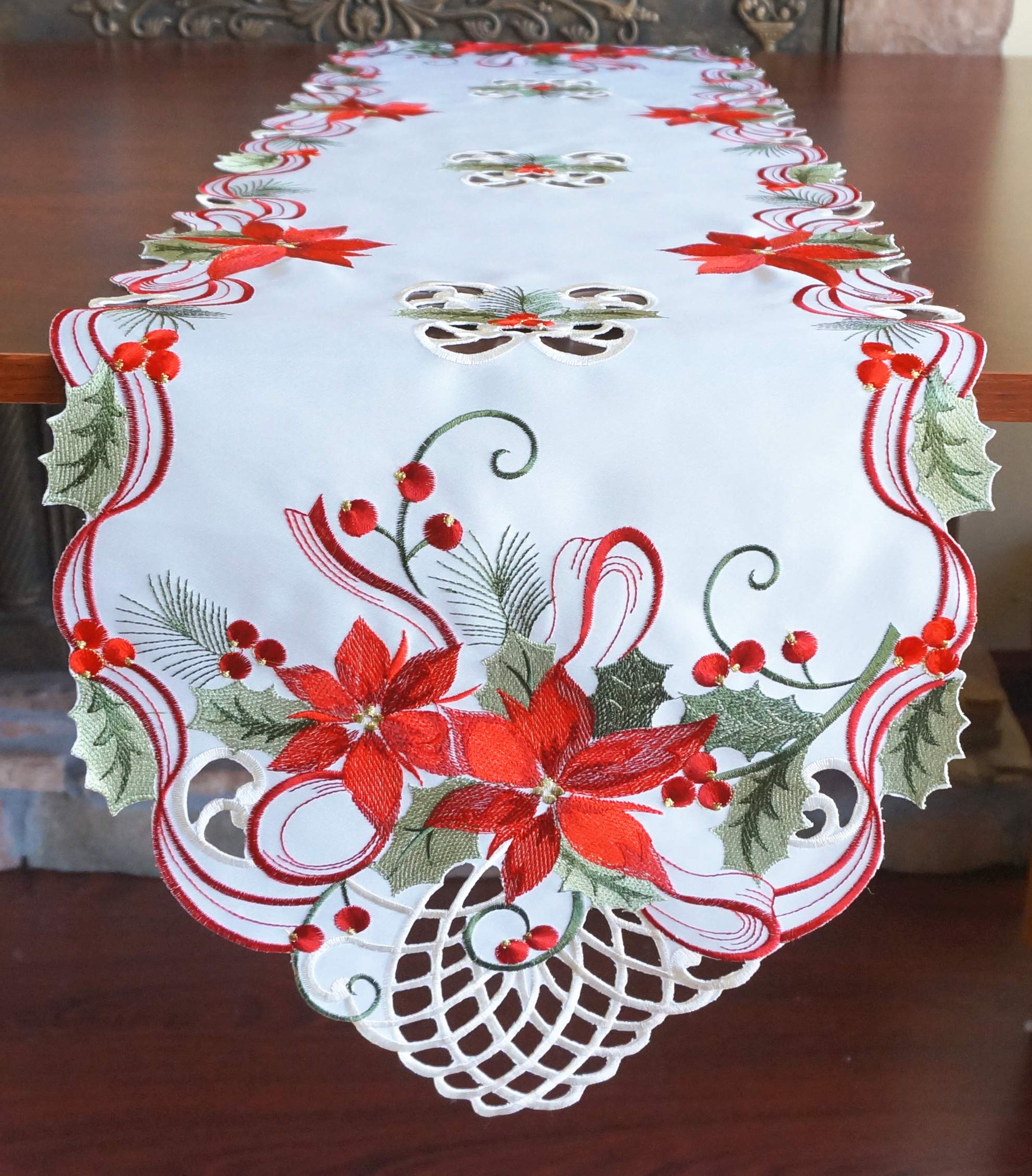 Holiday Christmas Table Runner 13"x54", Cutwork Embroidered Floral Christmas Flower Dresser Sacrf Table Topper for Home Dining Xmas Table Top Decoration