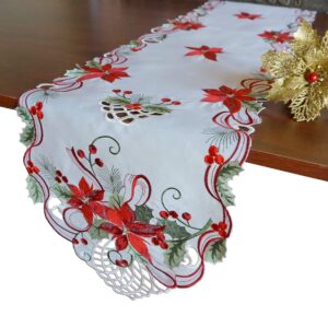 Holiday Christmas Table Runner 13"x54", Cutwork Embroidered Floral Christmas Flower Dresser Sacrf Table Topper for Home Dining Xmas Table Top Decoration