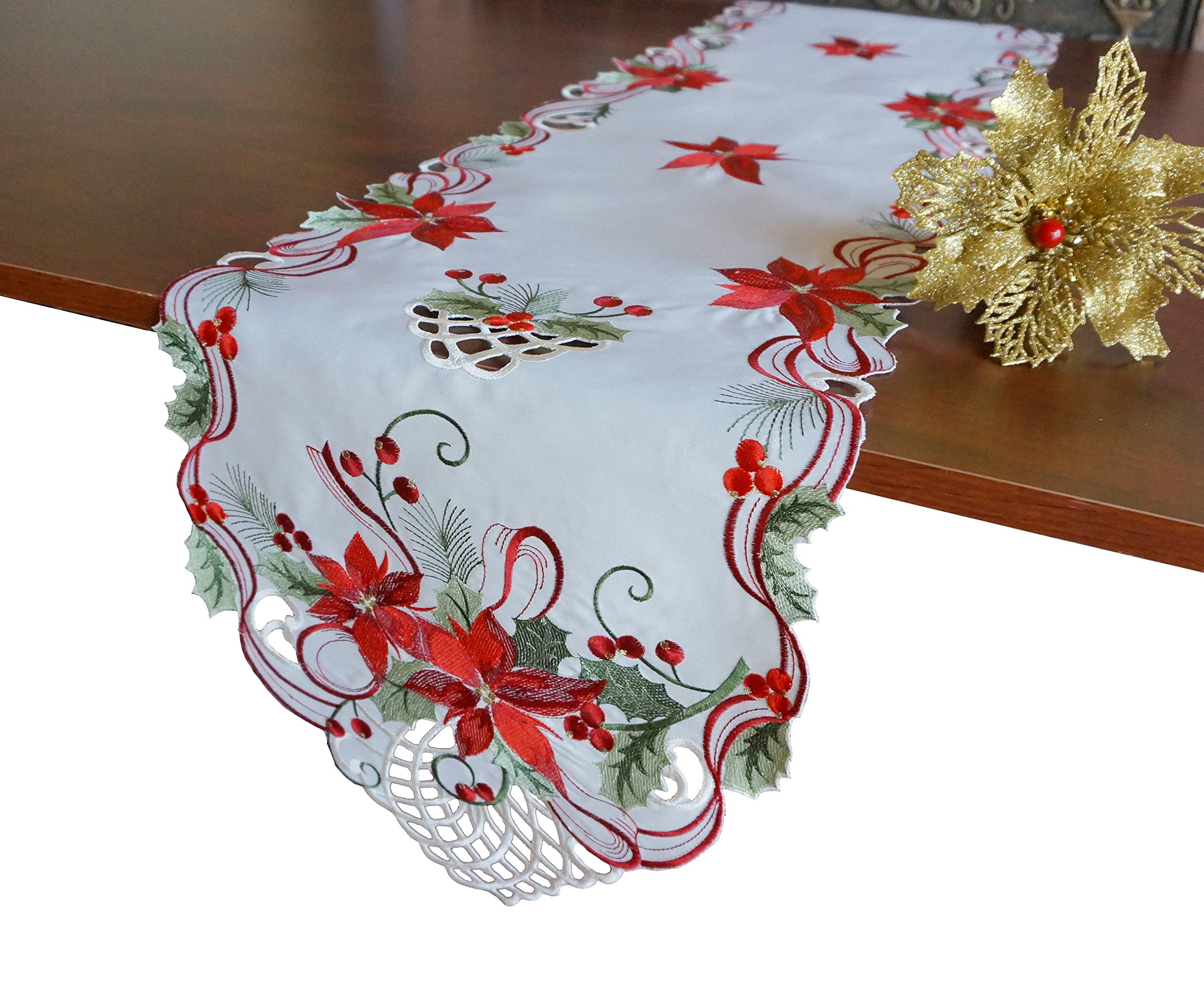 Holiday Christmas Table Runner 13"x54", Cutwork Embroidered Floral Christmas Flower Dresser Sacrf Table Topper for Home Dining Xmas Table Top Decoration