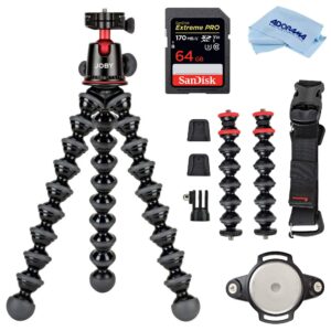 joby gorillapod 5k kit + rig upgrade, professional tripod stand with ball head for dslr or mirrorless cameras with lens (up to 11lbs/5kg) black/charcoal bundle with 64gb sd card, cloth