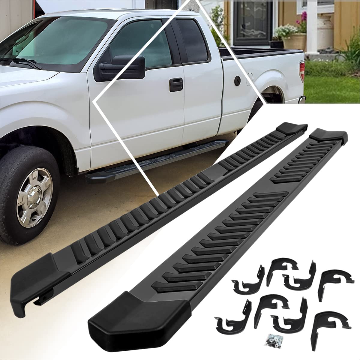 [Pair] 6 Inch Black Stainless Running Boards/Side Steps/Nerf Bars Compatible with 04-14 Ford F-150 Extended Cab