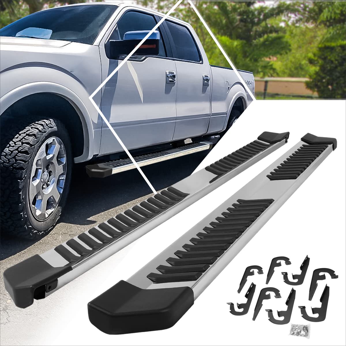 [Pair] 6 Inch Silver Stainless Running Boards/Side Steps/Nerf Bars Compatible with 04-14 Ford F-150 Crew Cab