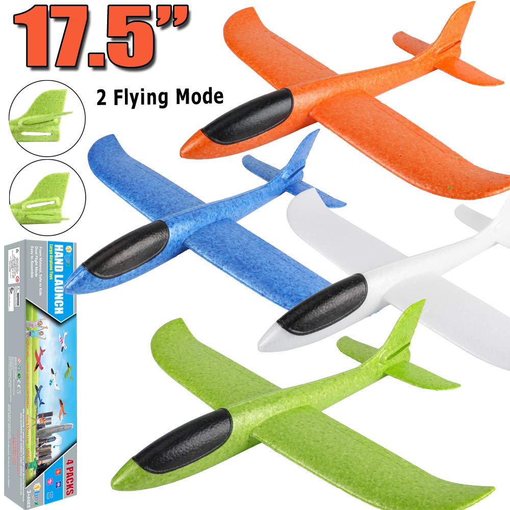 BooTaa 4 Pack Airplane/Flying Toys, 17.5" Large Throwing Foam Plane/Gliders, 2 Flight Mode, Birthday Gifts for Girls Kids 3 4 5 6 7 8 9 10 11 12 Year Old Boys,Outdoor Sport Game Toys