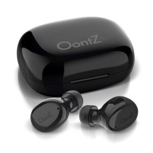 cambridge soundworks oontz true wireless budz, bluetooth wireless sports earbuds with amazing sound and rich bass, compact charging case for up to 12 hours playtime, sweatproof earbuds (black)