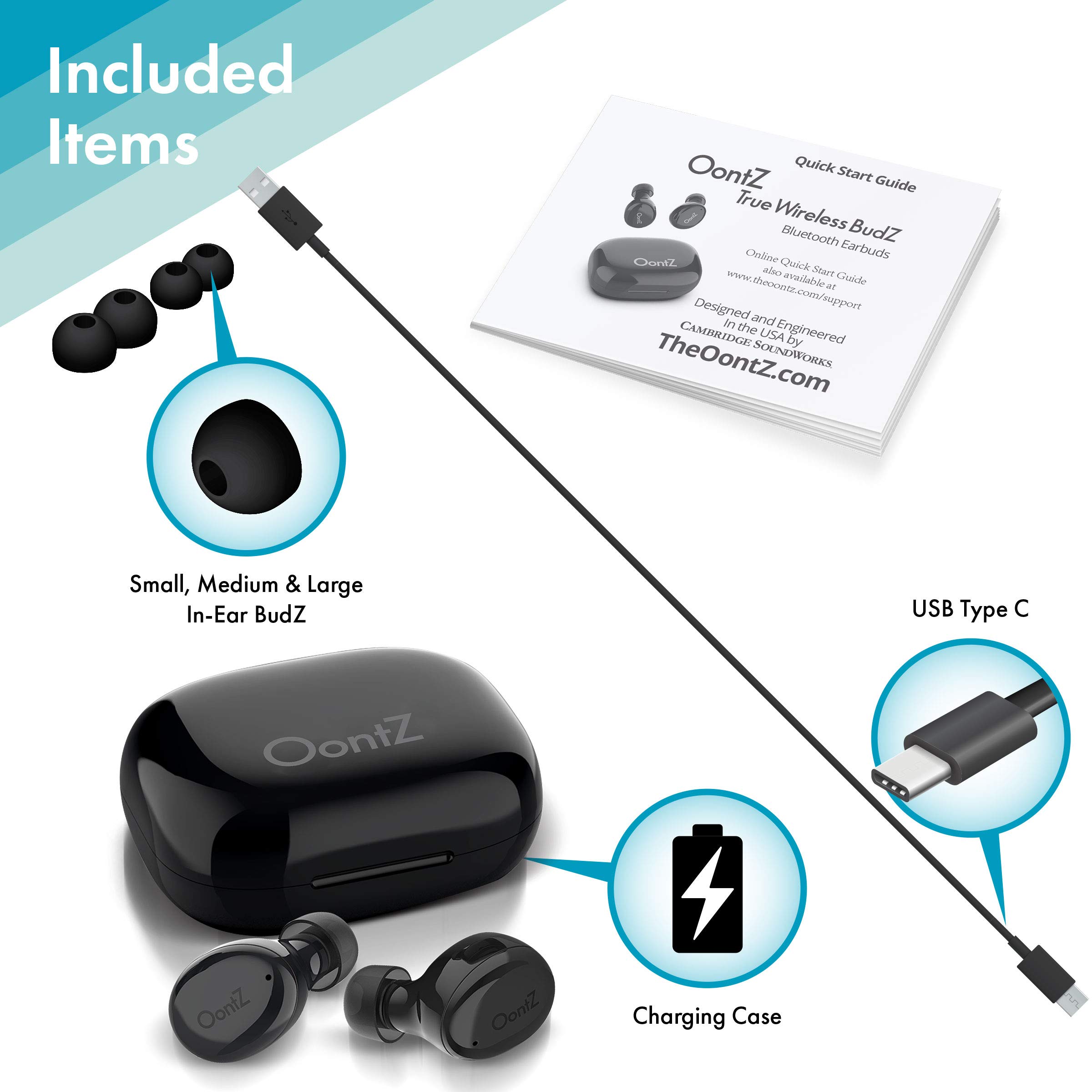 Cambridge Soundworks OontZ True Wireless BudZ, Bluetooth Wireless Sports Earbuds with Amazing Sound and Rich Bass, Compact Charging Case for up to 12 Hours Playtime, Sweatproof Earbuds (Black)