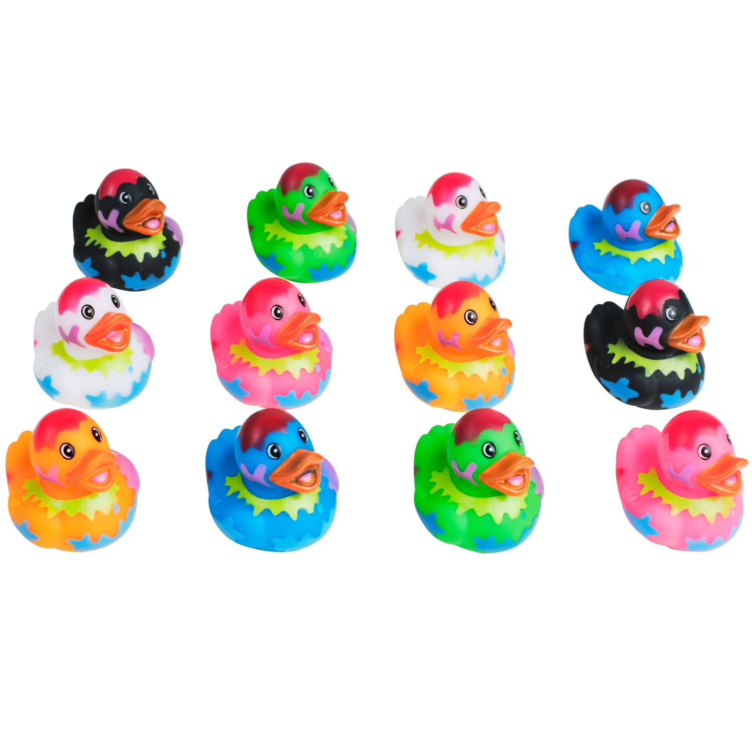 Kicko Assorted Rubber Ducks - 12 Ducklings, 2 Inch in Splat Pattern – Jeep Ducks for Kids, Baby Bath Toys, Sensory Play, Stress Relief, Novelty, Stocking Stuffers, Classroom Prizes, Supplies, Holidays