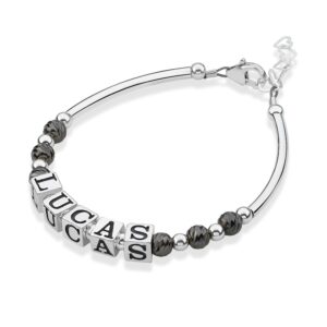 crystal dream silver little boy name banglet bracelet - with sterling silver name boxes and grey beads - perfect for birthday gifts, baby shower, baby keepsake gifts (bn27_m)