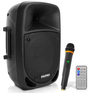 pyle 800w portable bluetooth pa speaker - 8’’ subwoofer, led battery indicator lights w/ built-in rechargeable battery, mp3/usb/sd card reader, and uhf wireless microphone - pyle psbt85a,black
