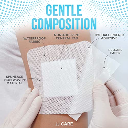 JJ CARE Waterproof Adhesive Island Dressing [Pack of 25], 4" x 4" Sterile Island Wound Dressing, Breathable Bordered Gauze Dressing, Individually Wrapped Latex Free Bandages with Non-Stick Central Pad