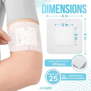 JJ CARE Waterproof Adhesive Island Dressing [Pack of 25], 4" x 4" Sterile Island Wound Dressing, Breathable Bordered Gauze Dressing, Individually Wrapped Latex Free Bandages with Non-Stick Central Pad