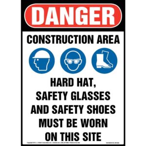 danger: construction area, ppe must be worn sign - j. j. keller & associates - 10" x 14" plastic with rounded corners for indoor use - complies with osha 29 cfr 1910.145 and 1926.200