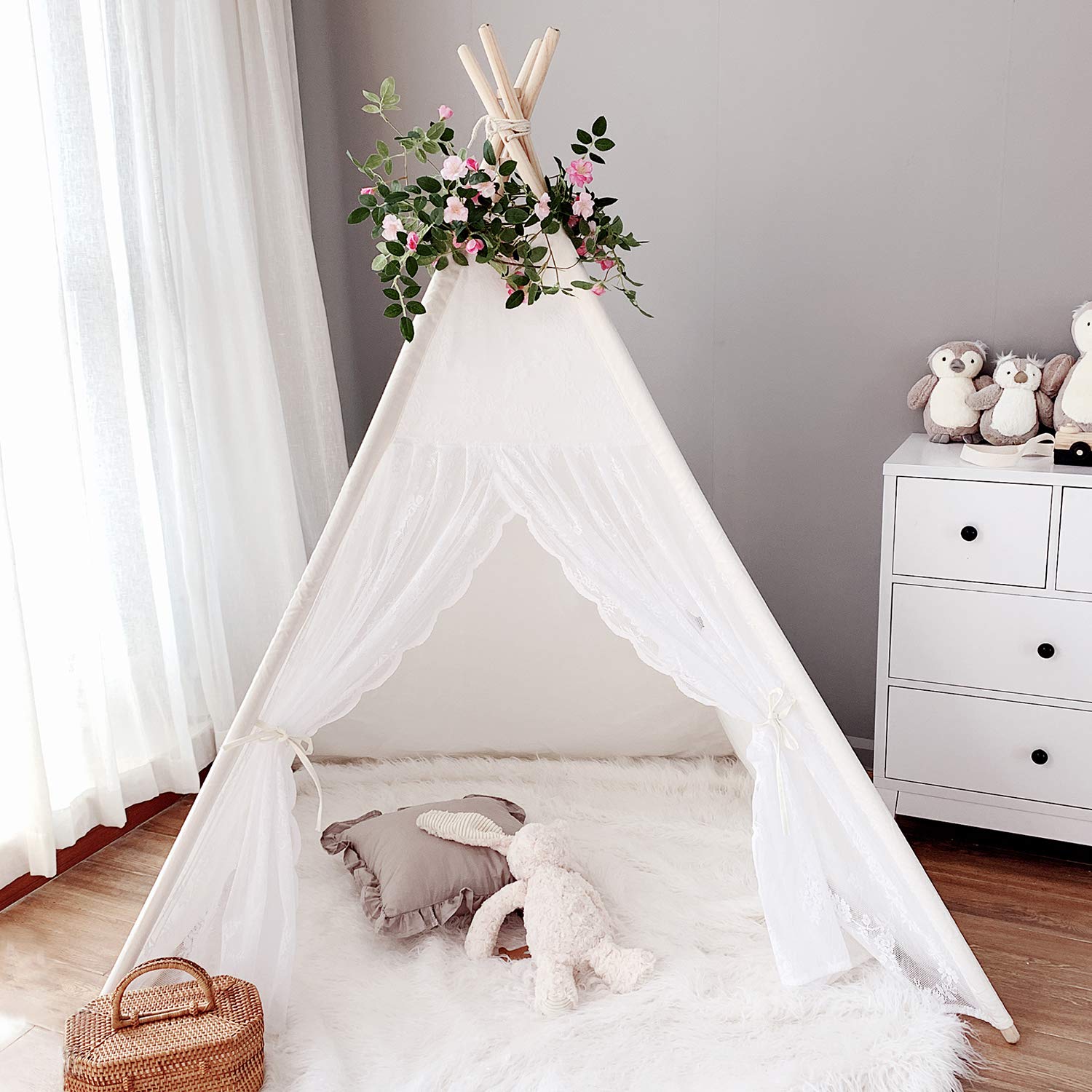 Lace Teepee for Girls, Teepee Tent for Kids Teepee Boho Teepee Tent White Teepee with 6.5Ft Rose Vine Flowers, Kids Room Decor